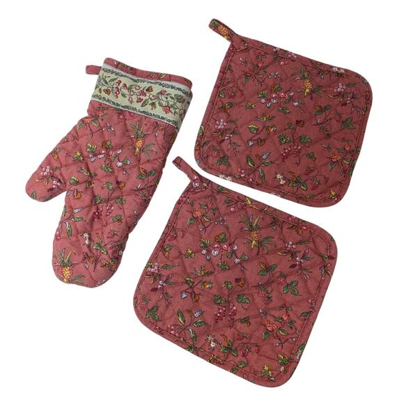 Vintage Williams Sonoma Quilted Over Mitt & Hot Holders Set Botanical Print - Picture 4 of 6